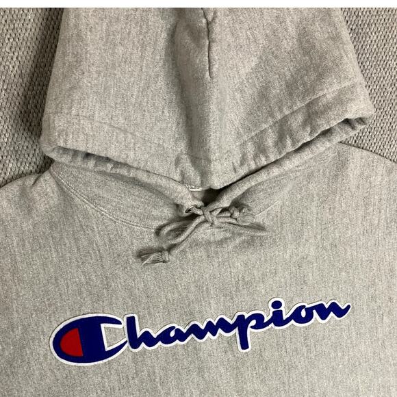 Champion Vintage Reverse Weave Hoodie Mens Large Heather Gray Spell Out Patch - Picture 5 of 13